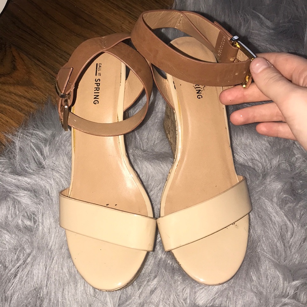 Nude and brown wrap-around ankle wedges!